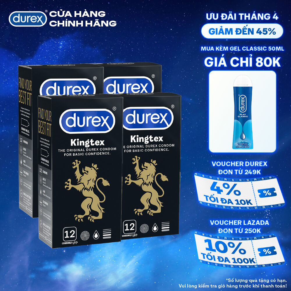 Bộ 4 hộp bao cao su Durex Kingtex bôi trơn, ôm sát size 49mm, 12 bao/hộp