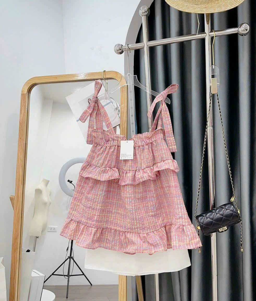 Áo babydoll hai dây tầng cột sọc