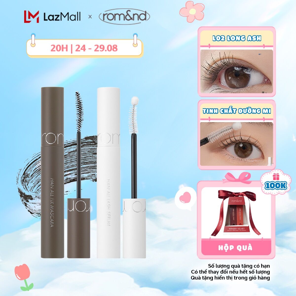 Combo Mascara chuốt mi Romand Han All Fix Mascara - Han All Line 7g + Tinh Chất Dưỡng Mi Romand Han All Lash Serum 8ml