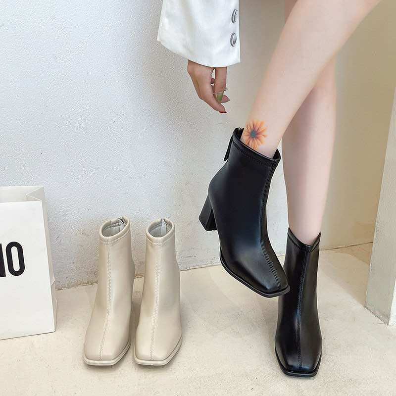 Bốt da lỳ nữ cổ thấp gót vuông 7 phân dày dặn loại 1