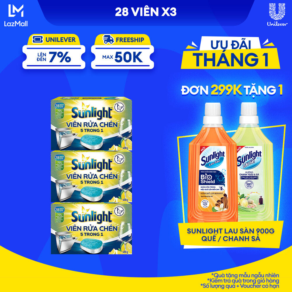 Combo 3 Hộp Viên Rửa Chén Bát Sunlight 5 In 1 Cho Máy Rửa Chén Bát