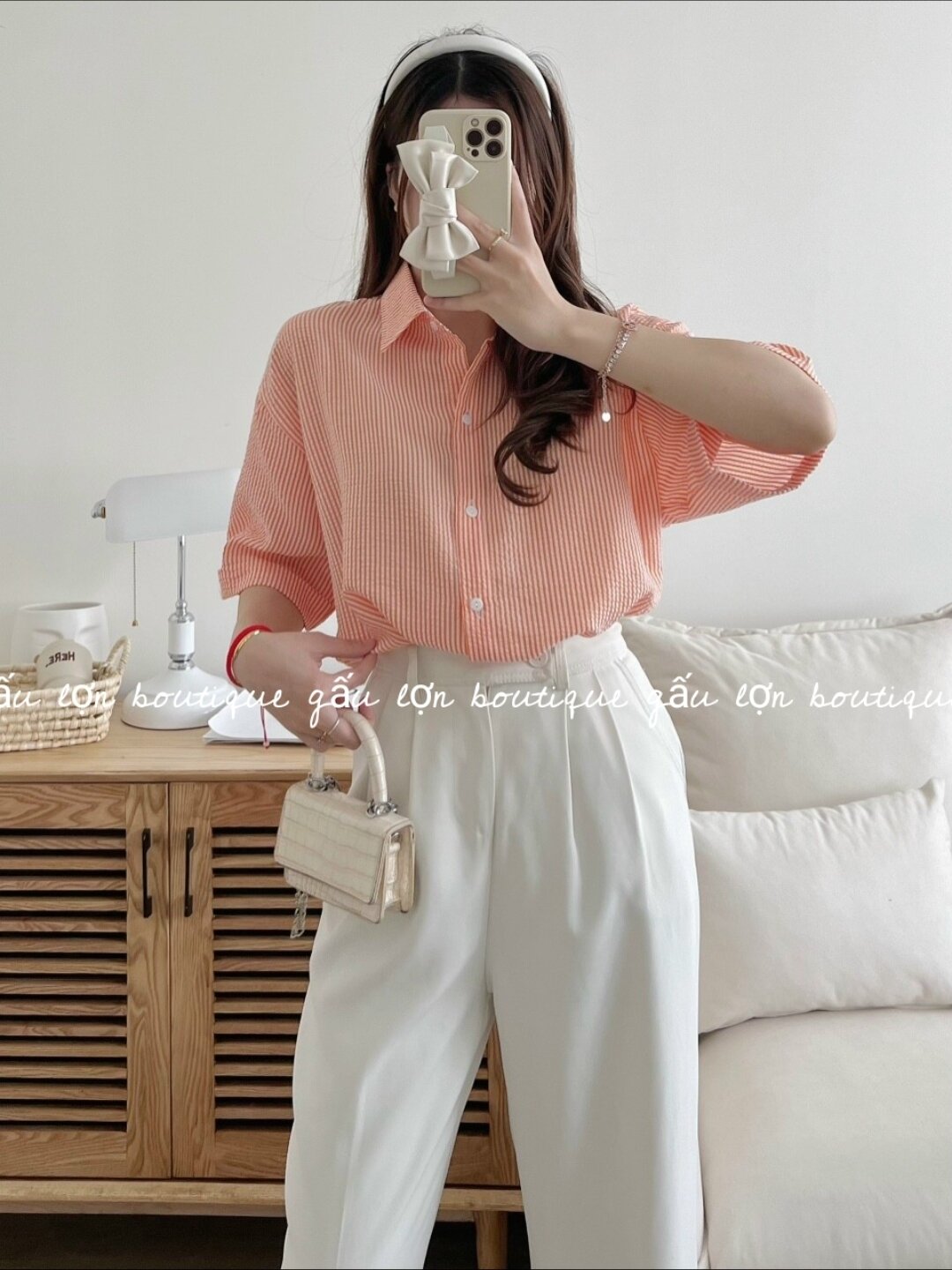 áo sơ mi kẻ sọc dáng rộng chất xốp