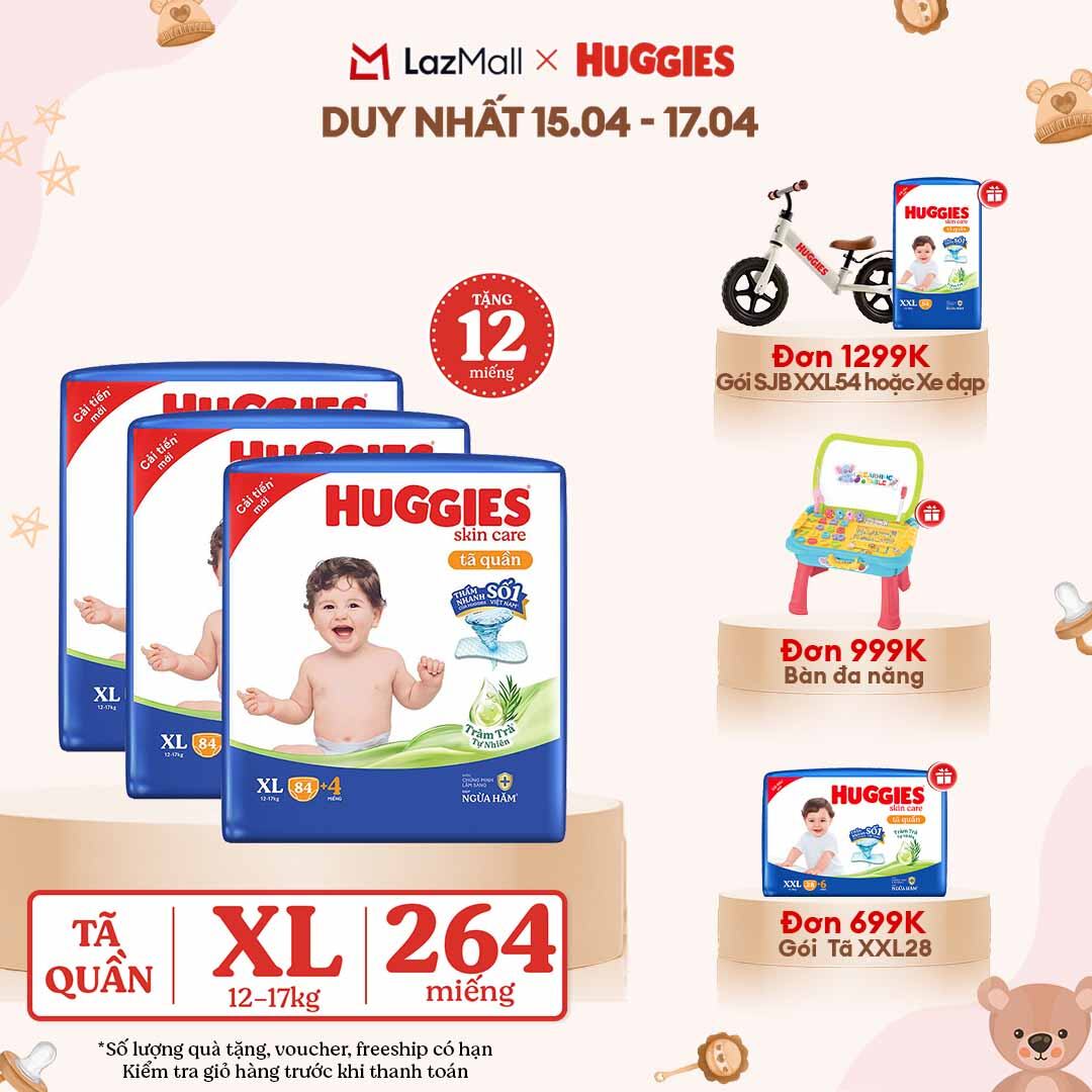 [CHỈ 18-24.04 GIẢM THÊM 90K] Combo 3 Gói Tã/bỉm quần HUGGIES SKINCARE MEGA JUMBO size XL84+4 miếng
