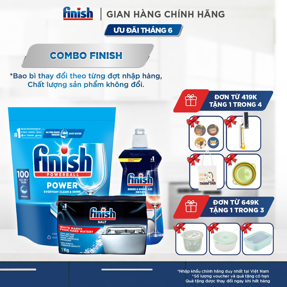 Combo Finish siêu cấp: Hộp 100 Viên Rửa Bát Finish Everyday Clean  Shine + Nước Làm Bóng Finish 500ml + Muối Rửa Chén Finish Salt