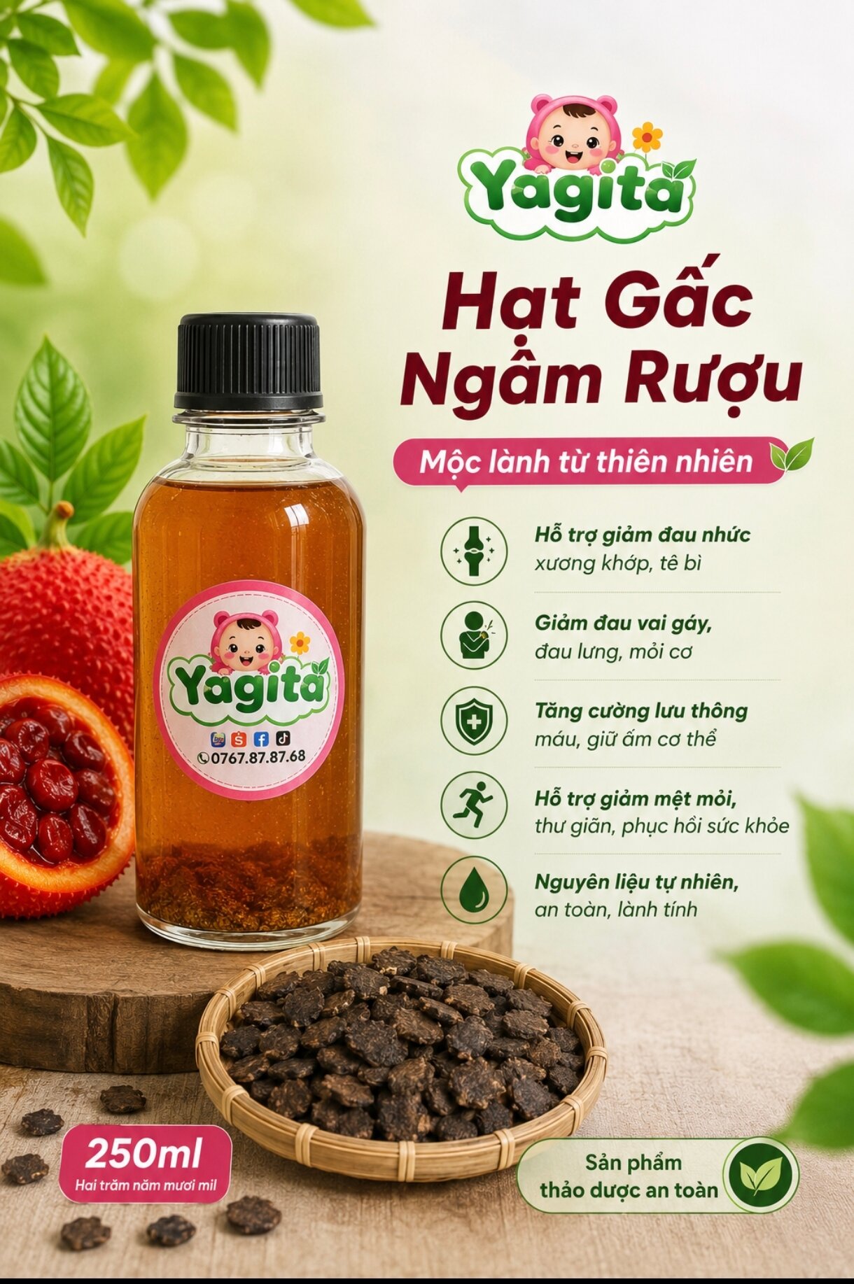 Rượu ngâm hạt gấc Hạt gấc ngâm rượu xoa bóp nguyên chất Yagita hỗ trợ viêm xoang mũi trĩ hạch làm dịu giảm sưng tan máu bầm sau té ngã 250 ml