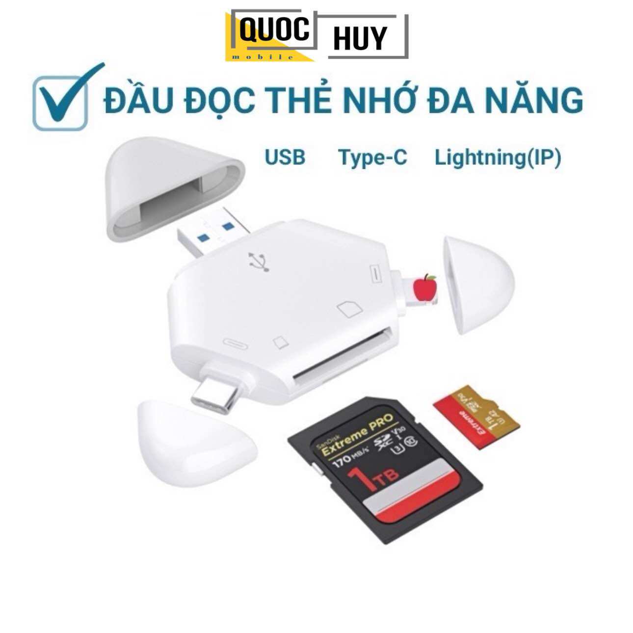 Đầu đọc thẻ nhớ đa năng SD/TF cho điện thoại, MacBook, laptop, PC. Cổng kết nối Type C, USB, Lightning. Adapter đọc thẻ nhớ, 3 in 1 Memory Card Reader