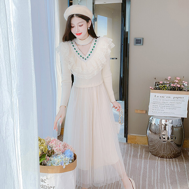 Váy Midi Ren Dệt Kim Dài Tay Cổ Chữ V Váy Dài Mùa Thu Đông Mới Cho Nữ Váy Midi Chữ a Váy Dài Cổ Chữ V Váy Dài