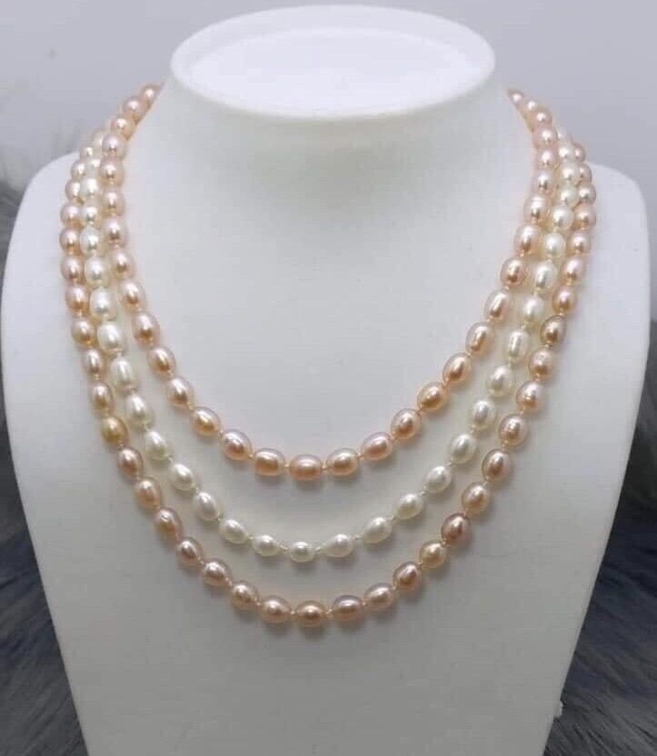 Chuỗi cổ ngọc trai nuôi nước ngọt tự nhiên, kiểu dáng 3 tầng hạt bầu dục size 7-8ly màu Tứ quý, Trắng, Cam, Hồng