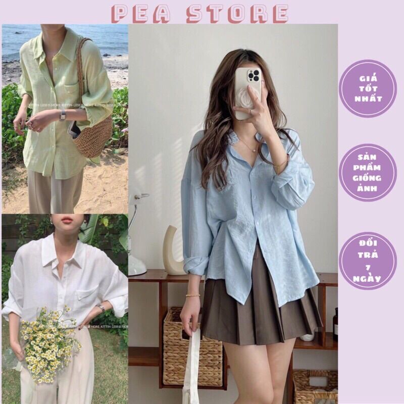 Áo sơ mi đũi nhăn túi ngực đính cúc Pea Store - Sơ mi đũi dài tay Hàn Quốc túi vạt