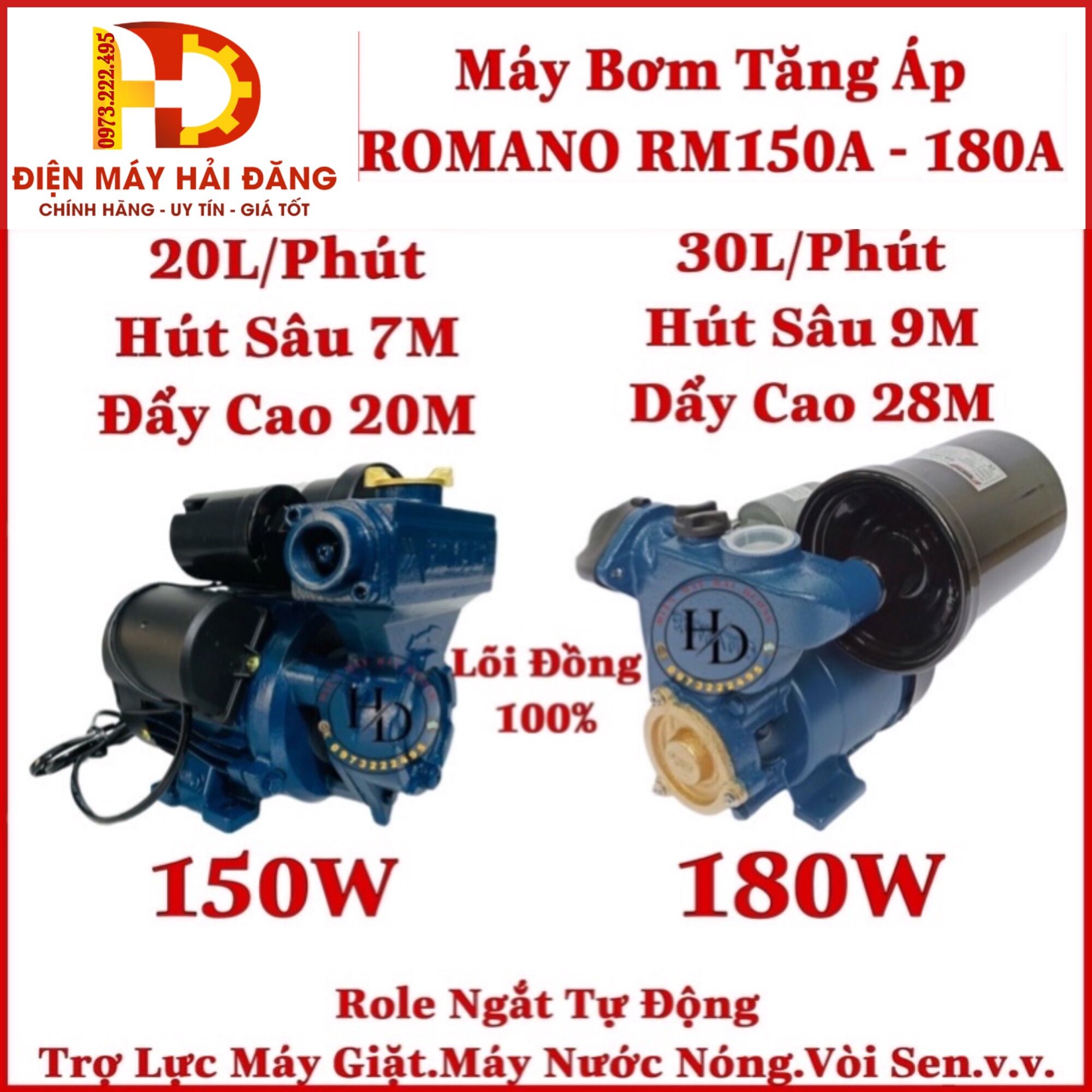 Bơm tăng áp trợ lực ROMANO 150W và 180W.Lõi đồng 100%,tăng áp máy giặc,máy nước nóng,vòi sen.role tự động.BH 6 Tháng