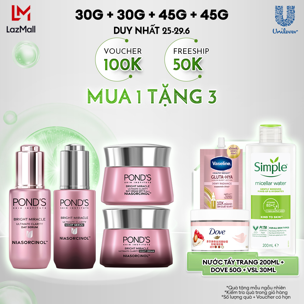 Combo 2 Serum và 2 Kem dưỡng sáng da đa tầng ngày & đêm Pond's Bright Miracle mờ thâm sạm với 50X Niasorcinol 30G+30G+45G+45G