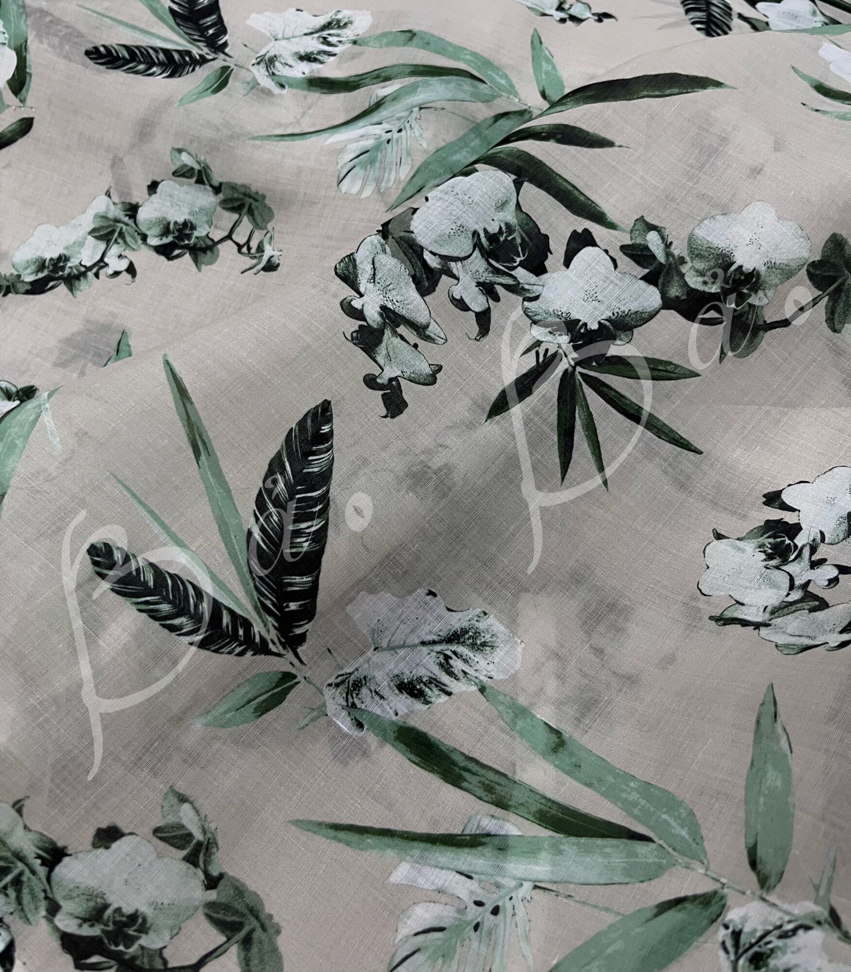Vải linen sợi tơ màu vintage in chiếc lá mềm rũ mỏng nhẹ khổ 1m45