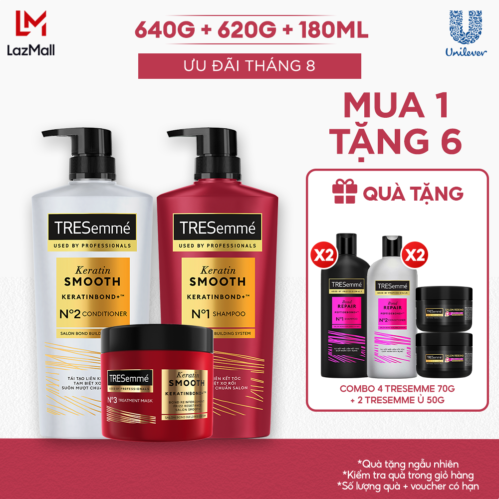 Combo Dầu Gội, Dầu Xả, Kem Ủ TRESemmé Keratin Smooth/ Bond Repair 640g, 620g, 180ml Cho Tóc Hư Tổn Giúp Vào Nếp Suôn Mượt/ Ngăn Gãy Rụng