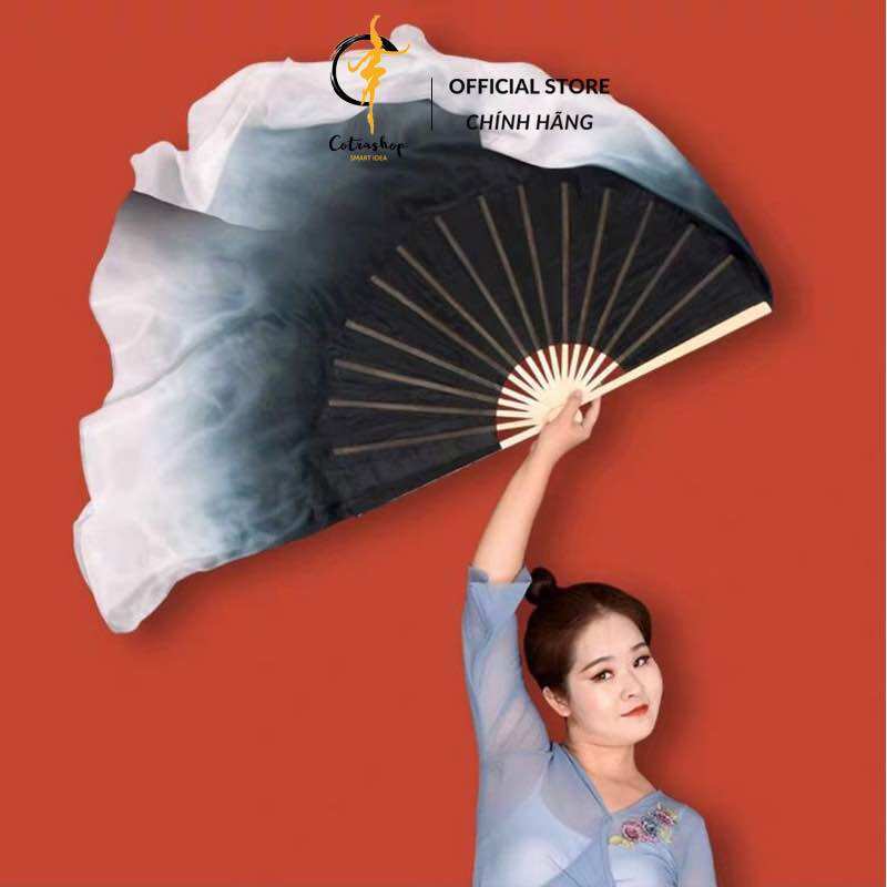 Quạt lụa dài COTRASHOP múa cổ trang lụa thường màu loang đen trắng 36/45