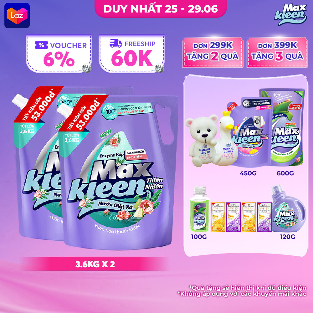 Combo 2 Túi Nước Giặt Xả MaxKleen Thiên Nhiên 3.6kg/túi