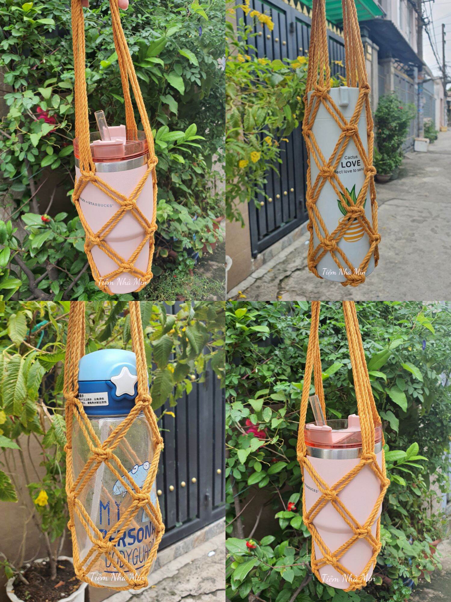 Túi đựng bình nước handmade, bottle holder macrame, cozy bag cotton rope