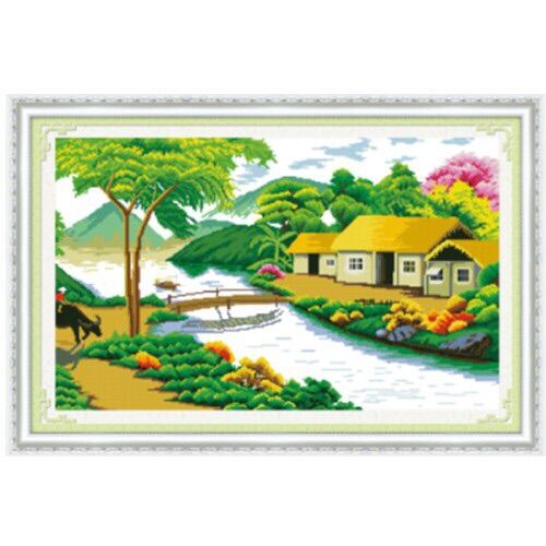 Tranh thêu chữ thập phong cảnh làng quê kt 85x56 cm