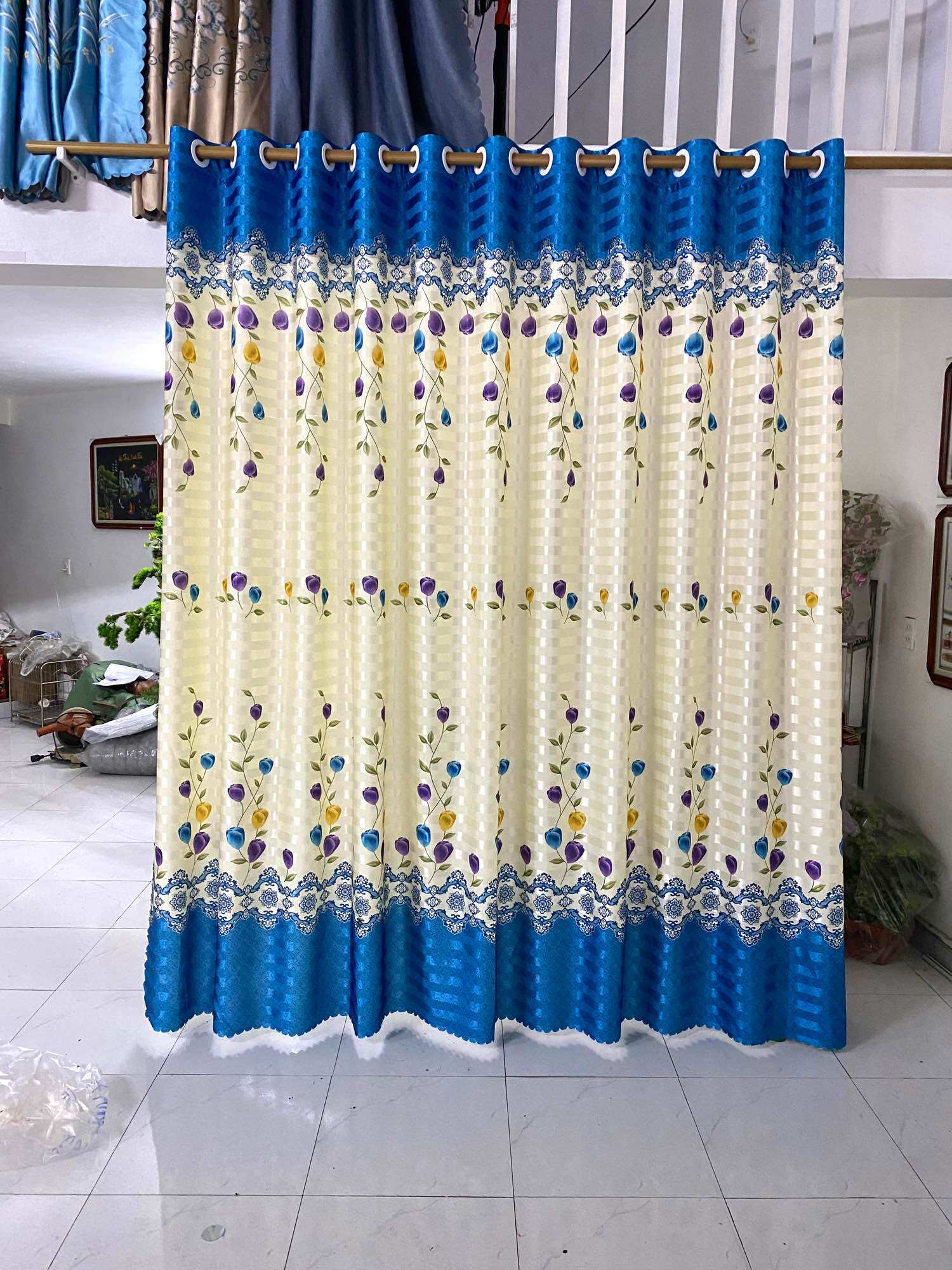 Rèm phi bóng 1 mặt, hoạ tiết hoa dây, xanh coban, hợp rèm cửa chính, rèm cửa sổ, rèm ngăn phòng, trang trí nhà