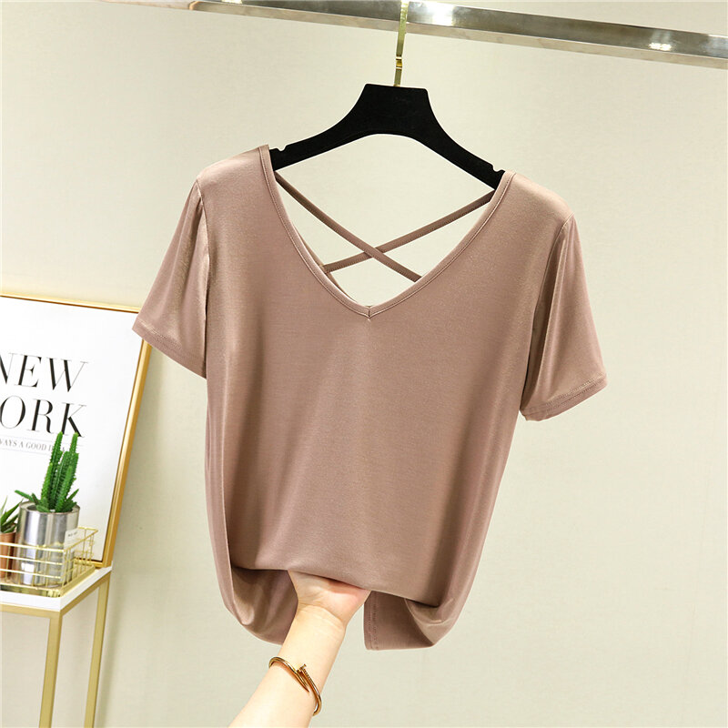 Áo Thun Hở Lưng Kiểu Tây Mặc Bên Ngoài Loại Mỏng Mùa Hè Cho Nữ Tay Ngắn Lưng Đẹp Áo Mặc Trong Cổ Chữ V Dễ Phối Áo Cỡ Lớn Modal