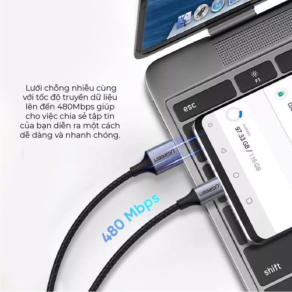 Cáp sạc nhanh Ugreen US288 dài 1M [ USB 2.0 A sang Type C 18W - tương thích với mọi thiết bị ]