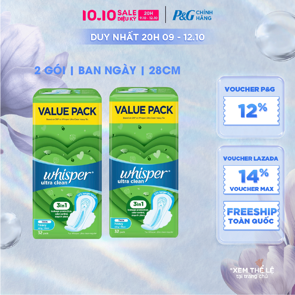 [Voucher 12%] Combo 2 Băng Vệ Sinh WHISPER Ultra Clean Khô Thoáng Siêu Mỏng Cho Ngày Nhiều Có Cánh 28cm 32 Miếng