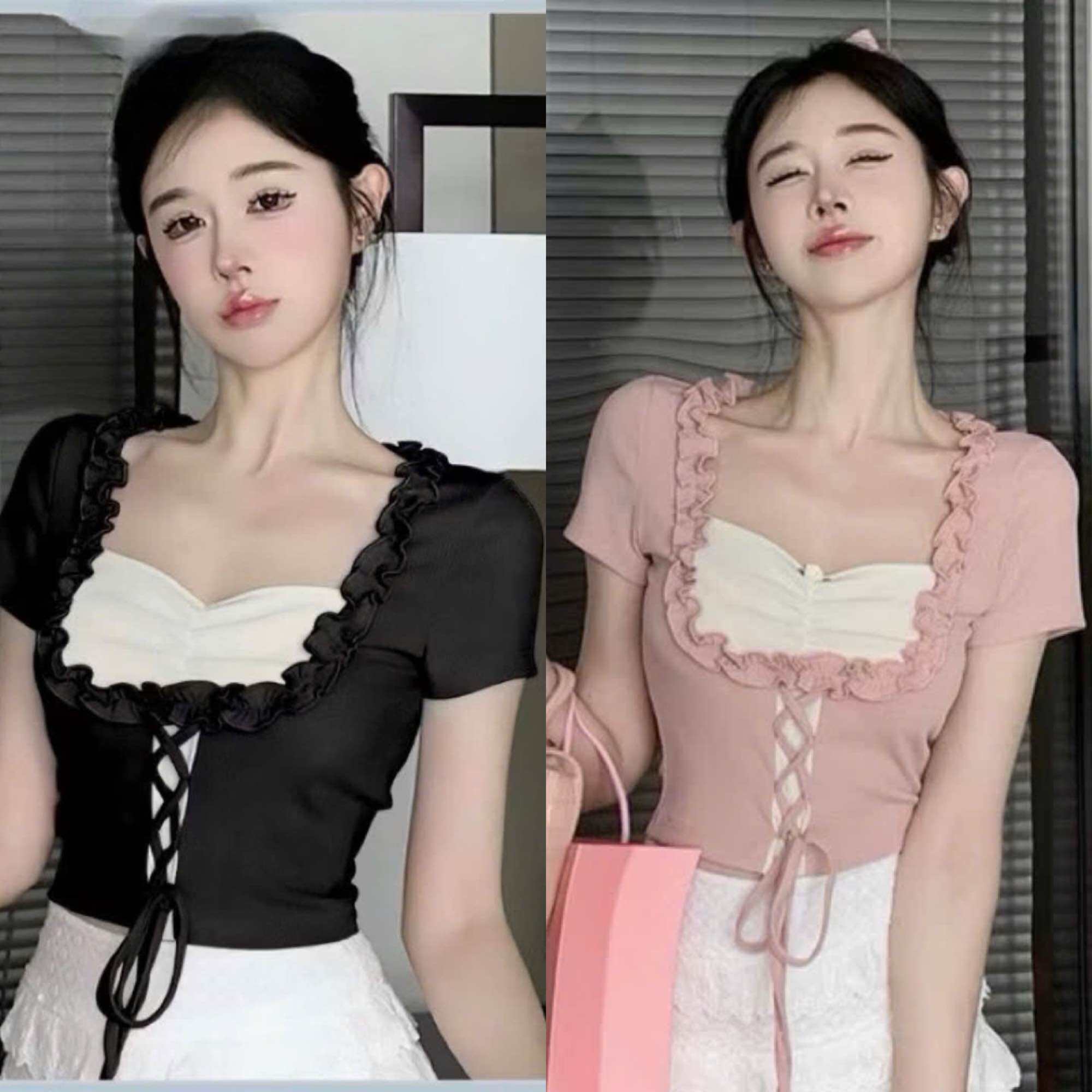 Áo thun cổ vuông phối bèo đan dây siêu xinh 🐟🐟10ca Áo kiểu tiểu thư viền bèo tay ngắn phối dây rút