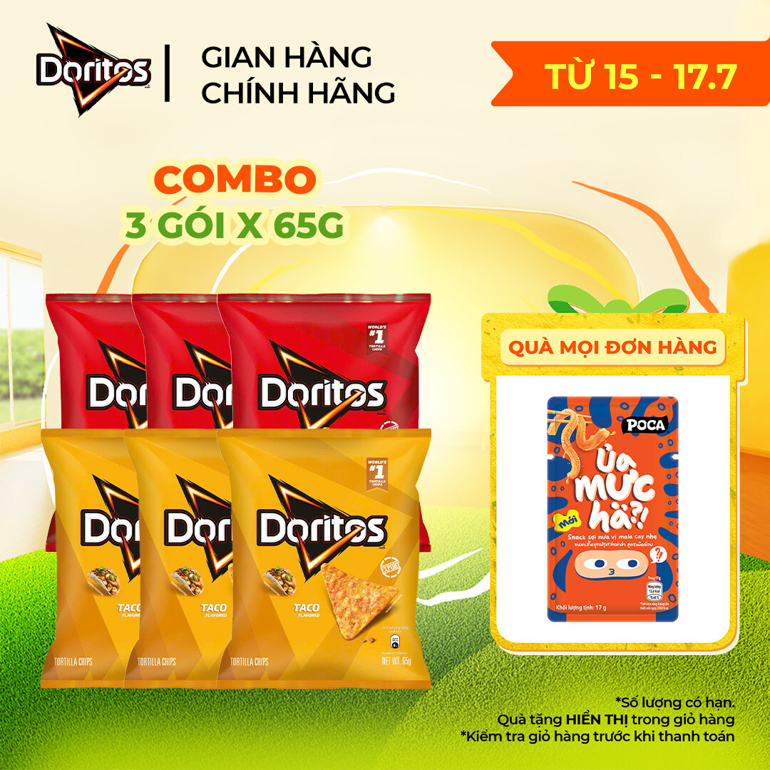 Combo 3 Gói Snack Ngô Giòn DORITOS 65G Vị Nacho Cheese/Taco - Snack tortilla tẩm vị đậm đà kiểu Mỹ