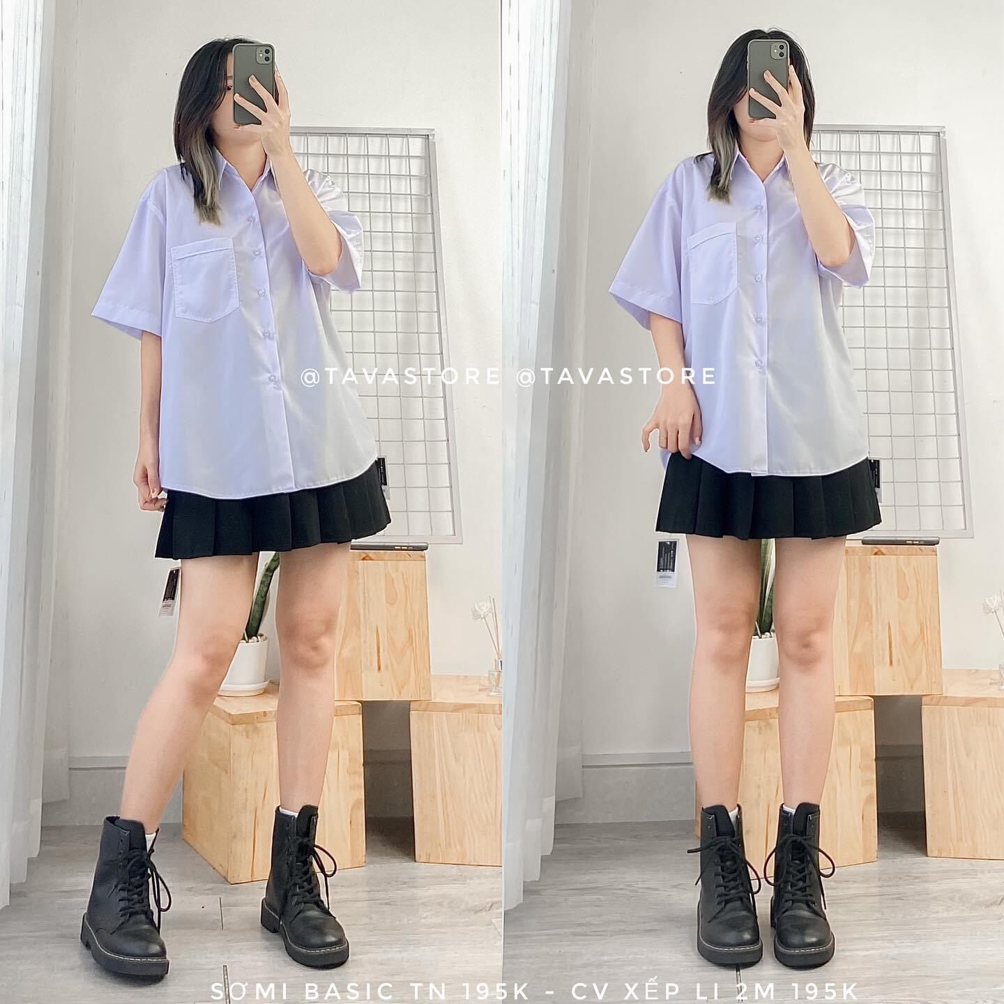 Váy tennis đen + sơ mi tay lỡ 1 túi