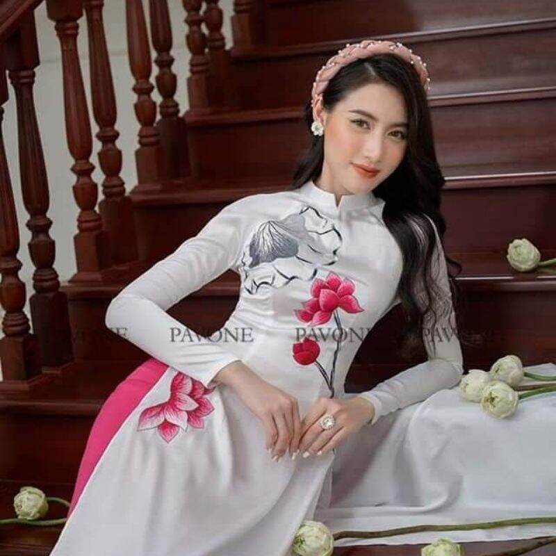 Áo dài trắng thêu thủ công hoa sen kèm quần