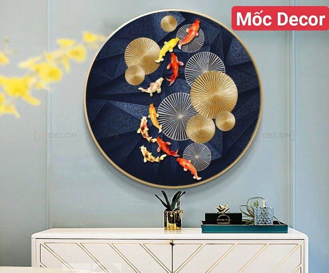 Tranh tròn cửu ngư quần tụ, tranh tráng gương tròn có khung chỉ việc treo, không cần khoan tường, Mốc Decor sale kịch sàn kèm quà tặng