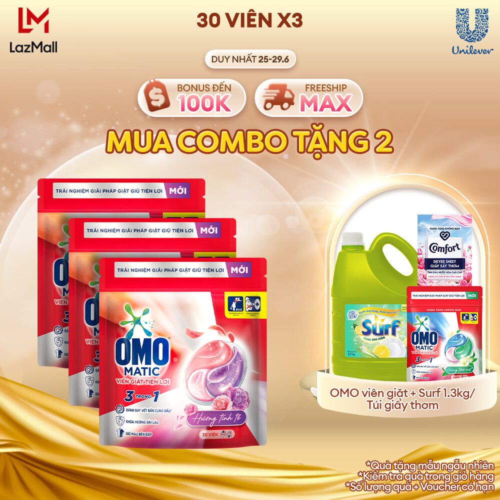 Combo 3 túi viên giặt tiện lợi OMO 3 trong 1 Hương tinh tế (30 viên/túi)