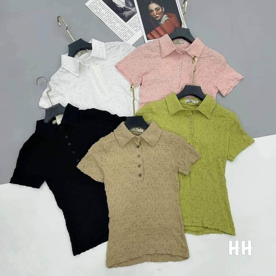 Áo xốp nhăn nữ cộc tay cổ bẻ dáng ôm💥 áo thun xốp nhăn nữ ngắn tay cổ bẻ