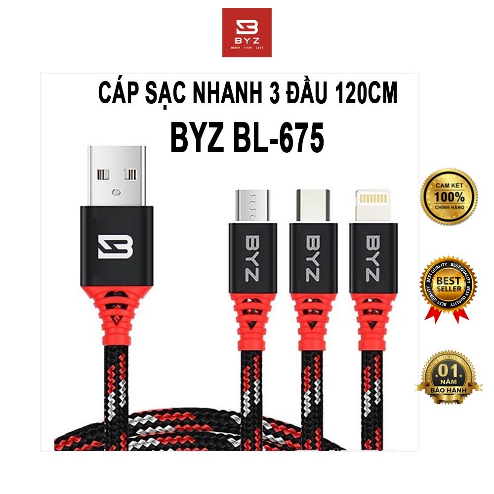 Cáp dù sạc nhanh byz 3 đầu - cb-as12