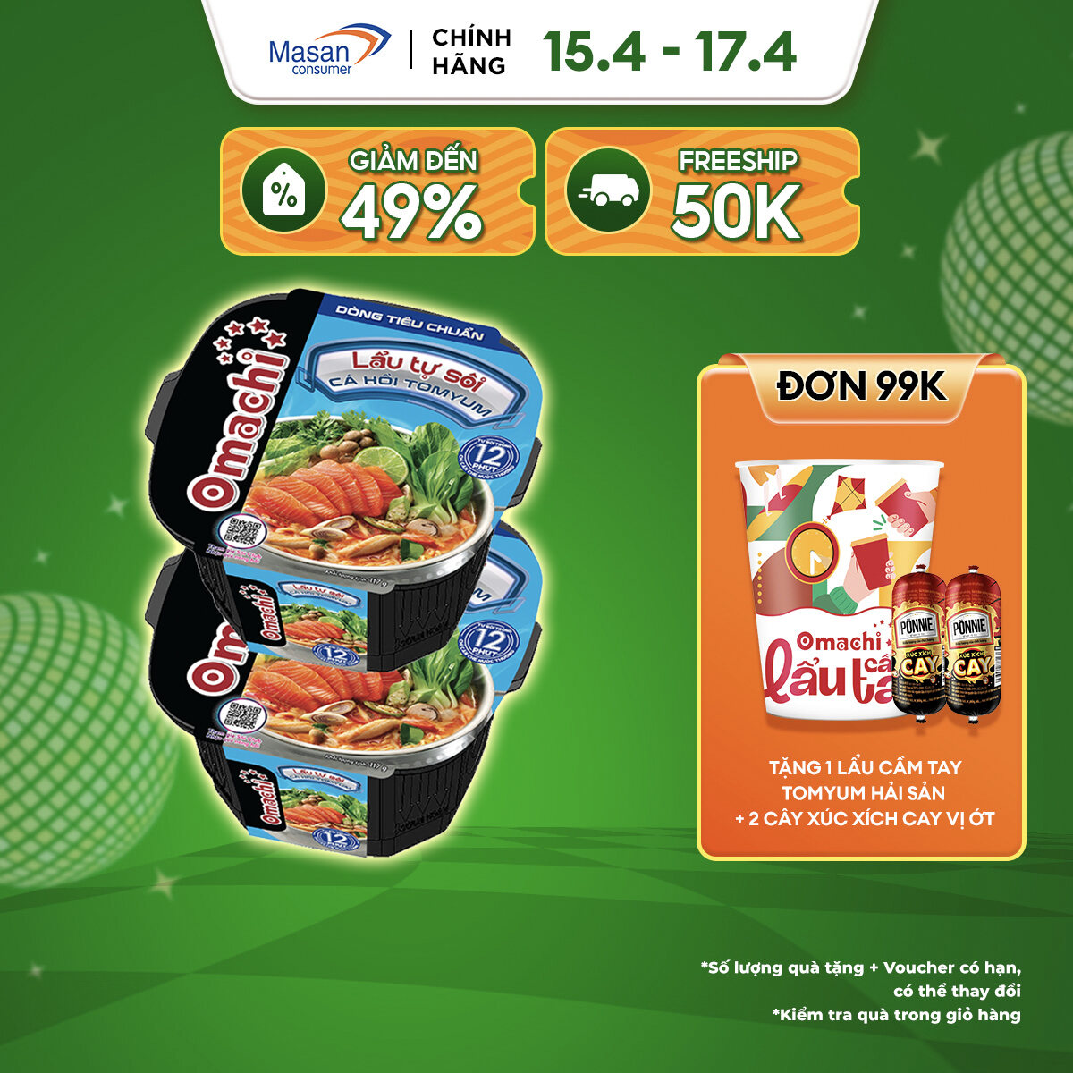 [15-17.4 Voucher 18% CHO ĐƠN TỪ 199k]Combo 2 Omachi lẩu tự sôi cá hồi tomyum 117g