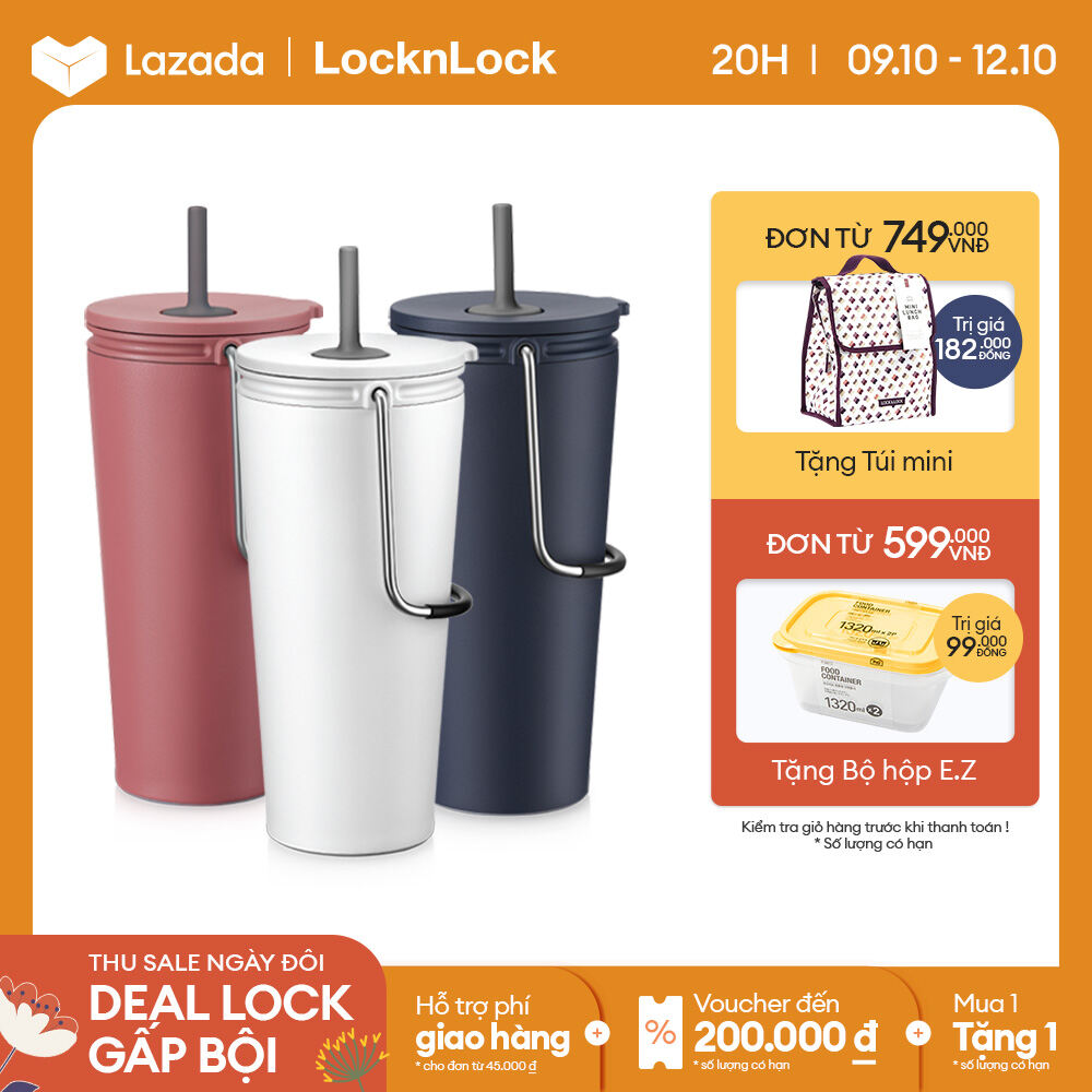 LHC4268 - Bình giữ nhiệt có ống hút Lock&Lock 540ml Bucket Tumbler with Straw - Thép không gỉ, có quai xách, đế chống trượt - Hàng chính hãng