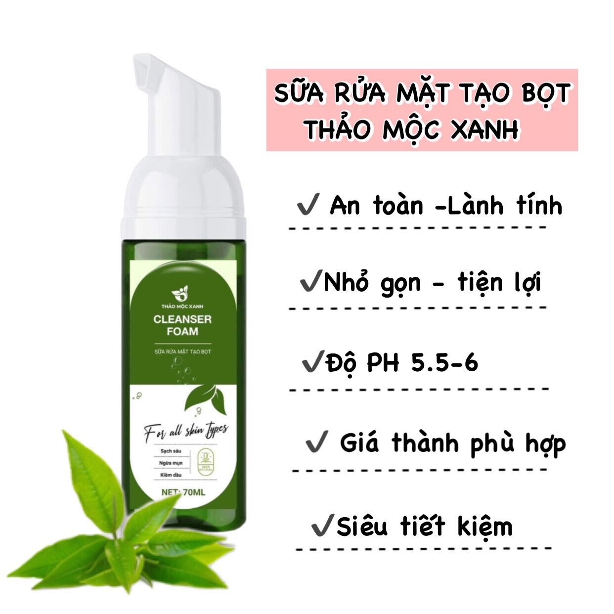 Sữa Rửa Mặt Thảo Mộc Xanh Bản Mini 70ml (5 lọ)