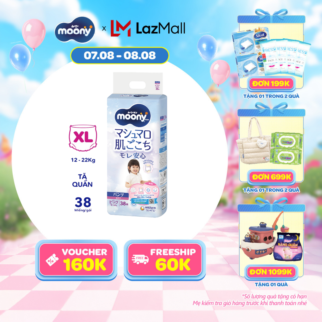 [20g 7-10.8 QUÀ TẶNG SLCH] Tã quần cao cấp Moony Bé Gái XL38 miếng - Nhập khẩu từ Nhật Bản