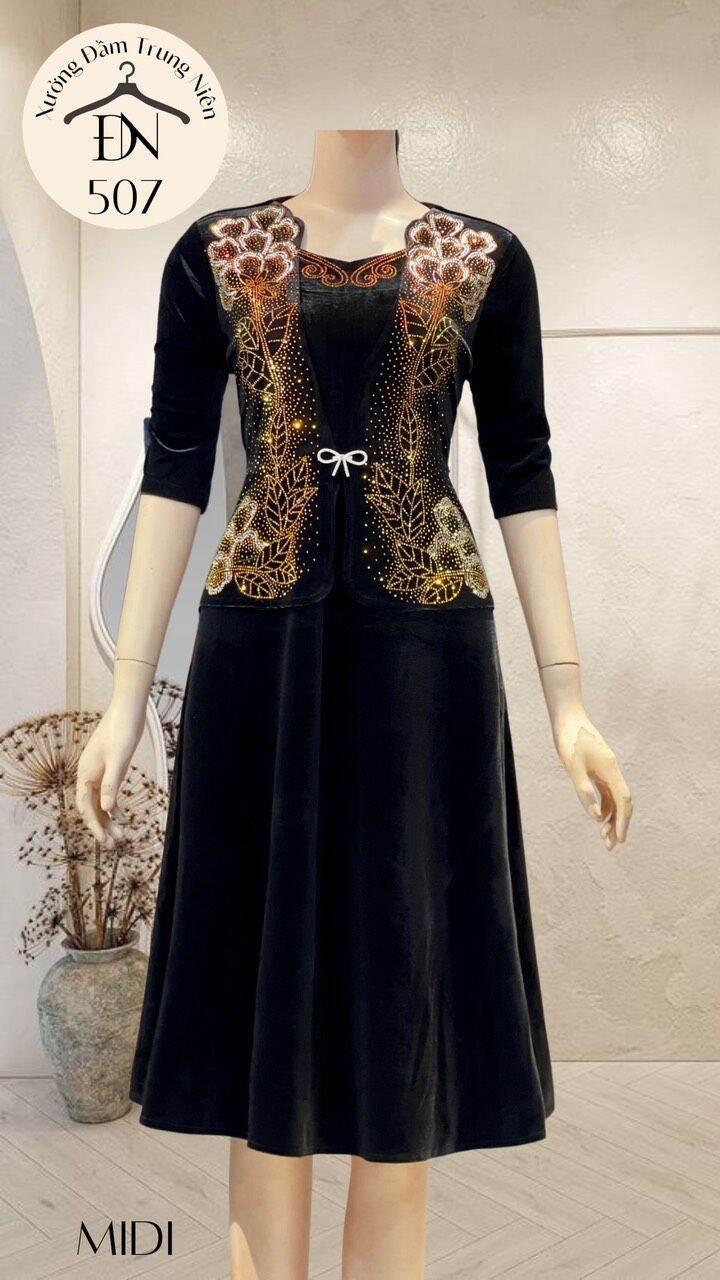 Đầm Nhung ép đá cao cấp  tay lỡ