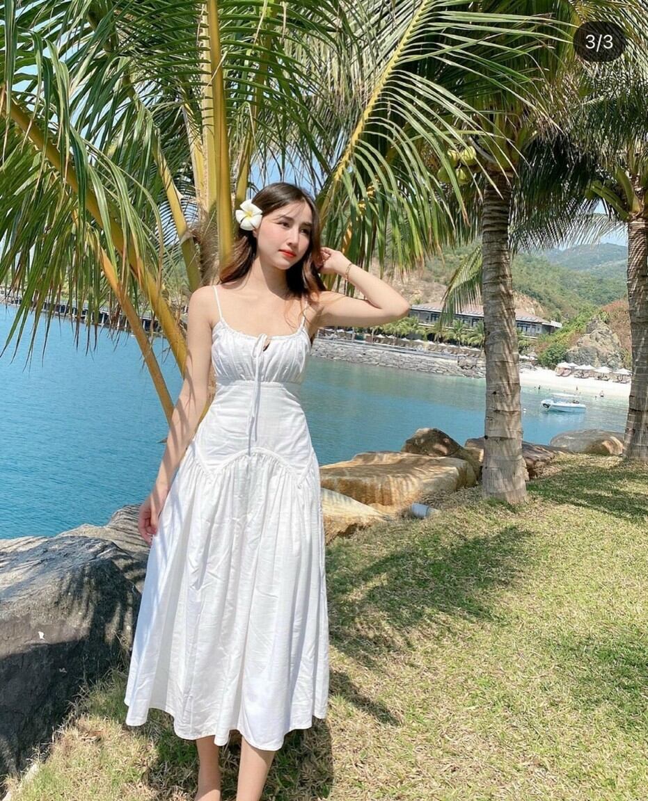 Đầm Maxi 2 Dây Nơ Viền Ren Trắng (S1)