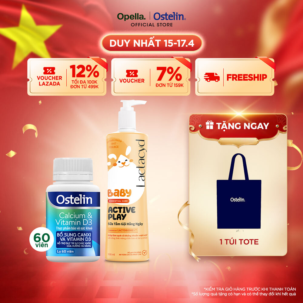 Ostelin Viên Uống Hỗ Trợ Bổ Sung Calcium  Vitamin D3 60 viên + Sữa Tắm Gội Hằng Ngày Cho Bé Lactacyd Baby Active Play 500ml