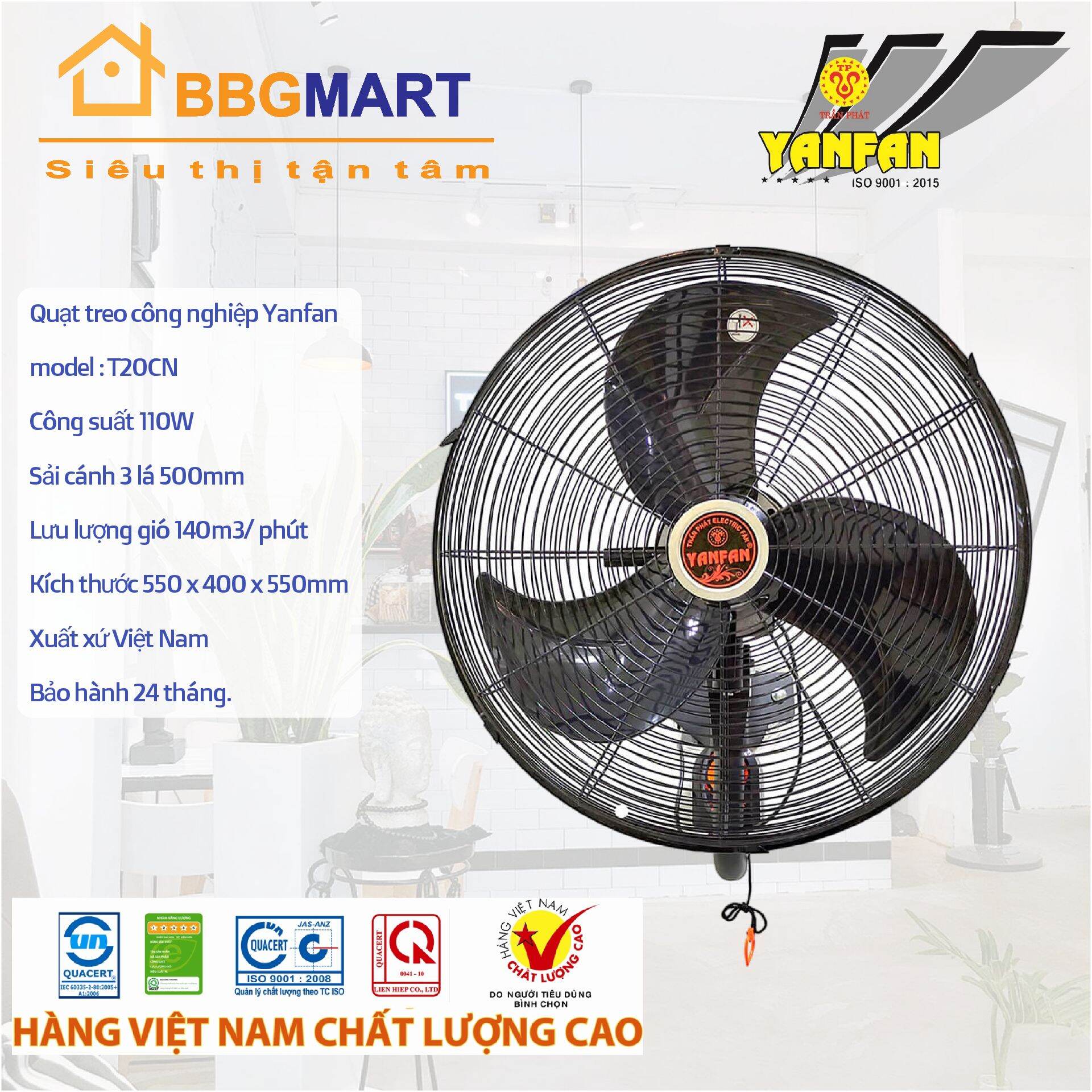 QUẠT TREO CÔNG NGHIỆP YANFAN T-20CN 110W sải cánh 500mm lưu lượng gió mạnh vượt trội