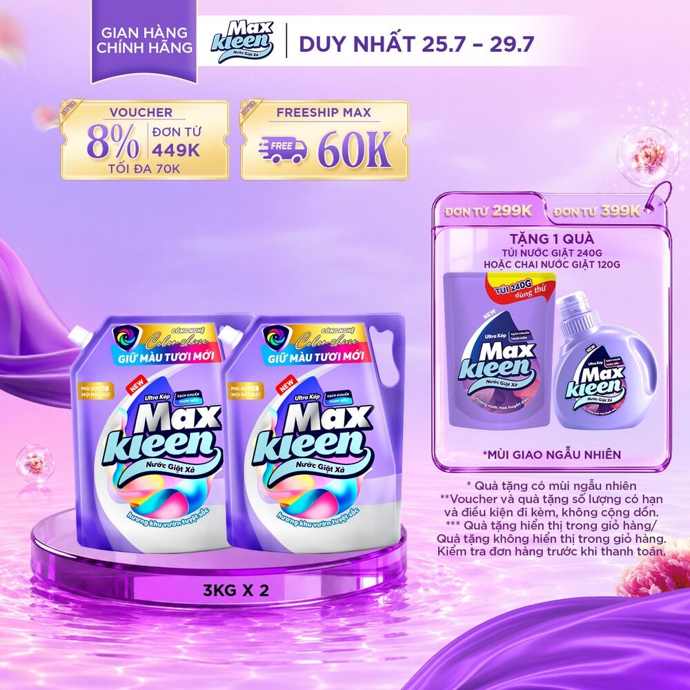 [DEAL SỐC - GIỮ MÀU] Combo 2 túi nước giặt xả Maxkleen giữ màu tươi mới 3Kgx2 - Công nghệ mới