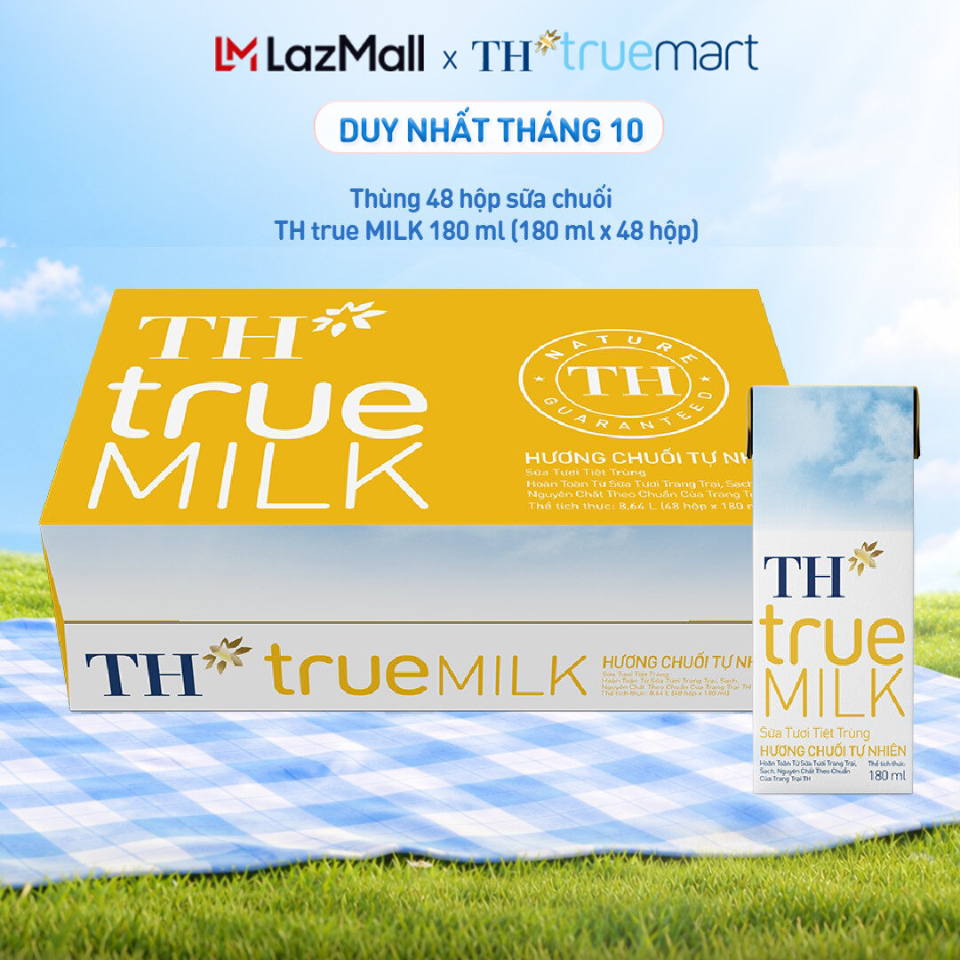 Thùng 48 hộp sữa tươi tiệt trùng TH true MILK hương chuối 180 ml (180 ml x 48)