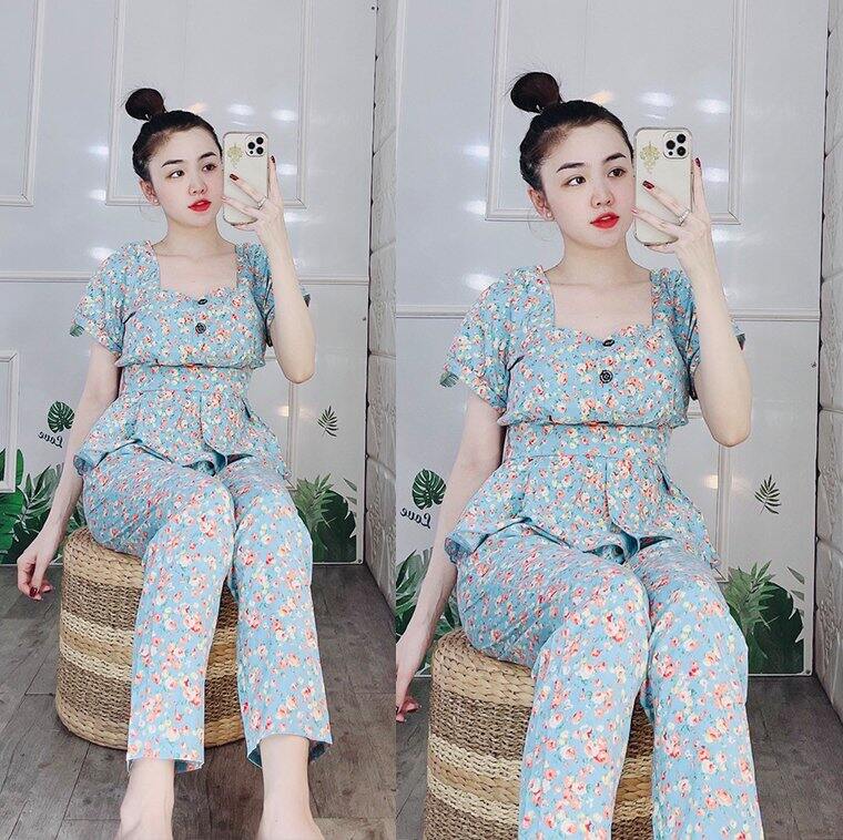 Đồ bộ nữ mặc nhà anquachi quần dài lụa hoa nhí lưng thun mặc ở nhà đẹp đi chơi dễ thương a067