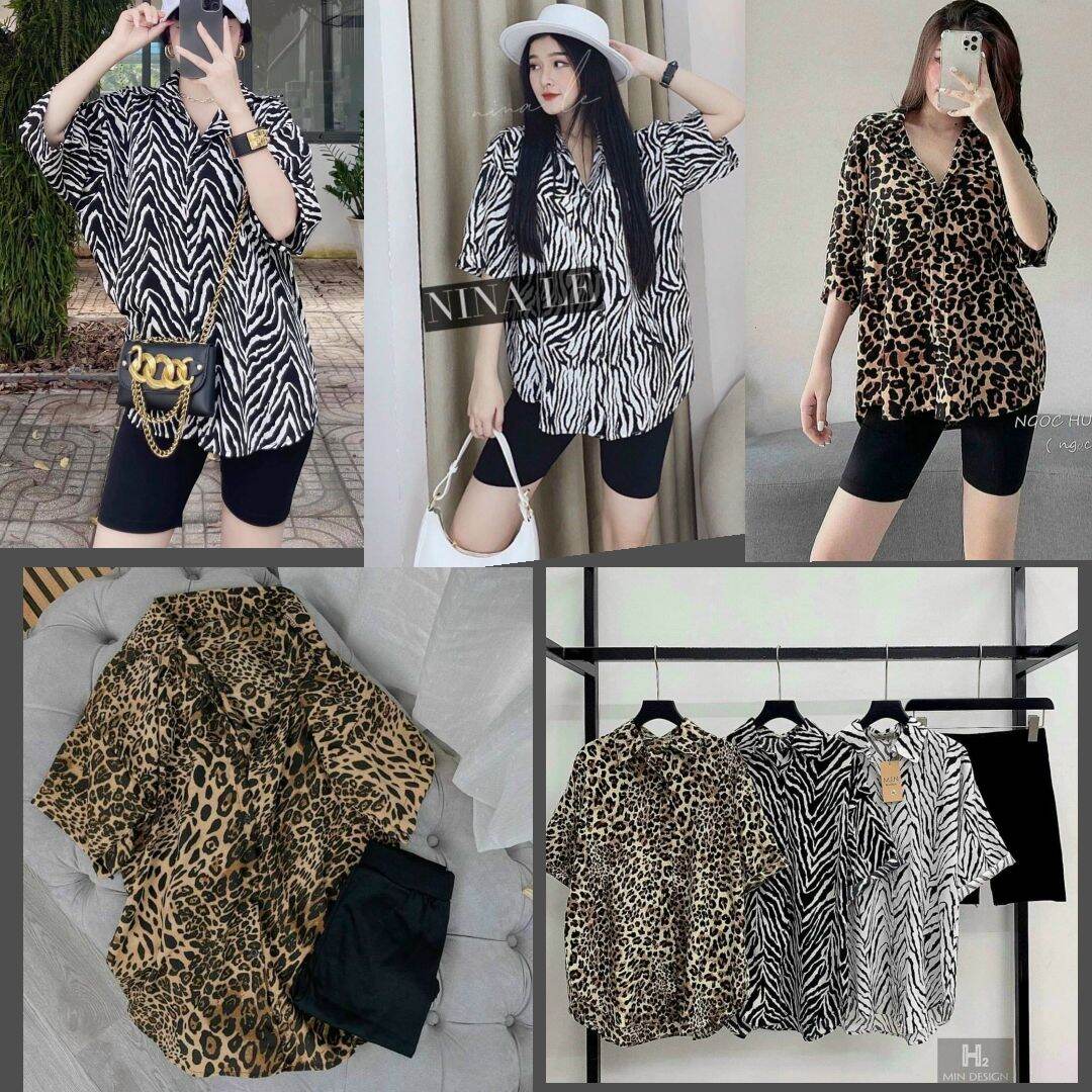 Set áo sơmi beo vằn + quần ngố ôm