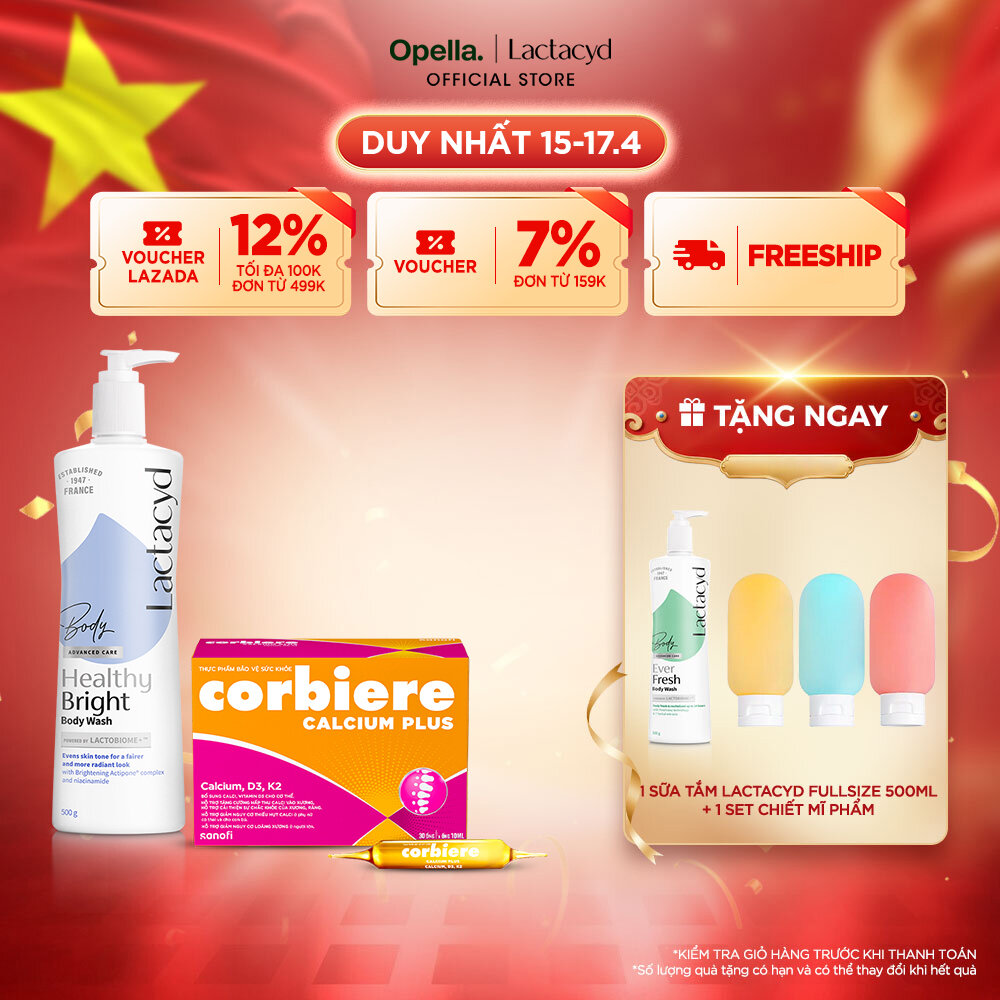 Bộ 1 Sữa tắm Lactacyd Healthy Bright làm đều màu da, mang lại làn da sáng khỏe, rạng rỡ và tự tin + 1 Thực phẩm bảo vệ sức khỏe Corbiere Calcium Plus Mới - Canxi hữu cơ + D3 + K2