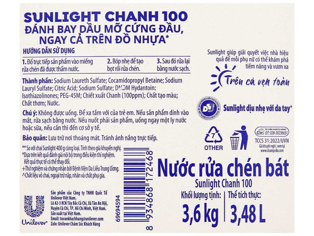 Nước rửa chén Sunlight Can 3.48L
