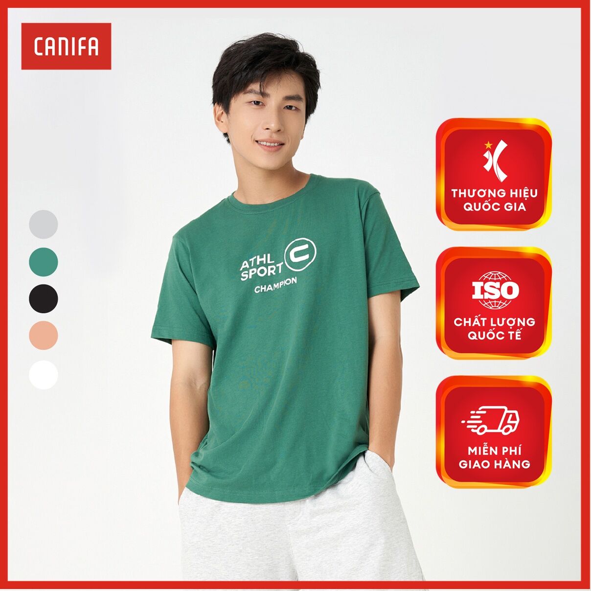 Áo phông nam có hình in CANIFA Áo phông cổ tròn tra bo, tay cộc, phom regular. 8TS23S004