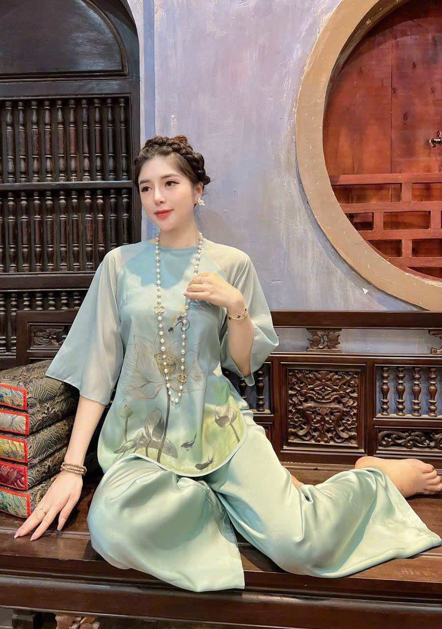 Đồ Lam Đi Chùa Mẫu Mới . [ HOA SEN VẼ 3D Xuất Sắc ] Đồ Lam Đi Chùa Cao Cấp