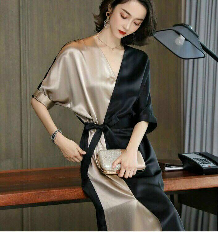 [Quà Tặng + Miễn Ship] Đầm Suông Nữ Cổ V Cột Eo Phối Màu Lụa Tuyết Sang Chảnh